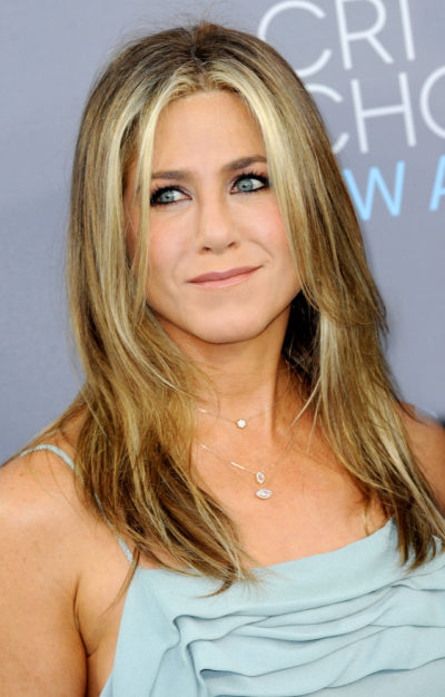 candid shot Jennifer Aniston with her LONG BLONDE STRAIGHT hairstyle at the 21st Annual Critics' Choice Awards 2016