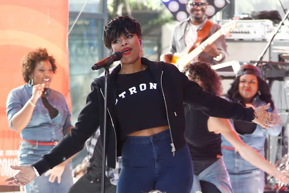 Singer Jennifer Hudson performed in concert at NBC's 'Today Show' at Rockefeller Plaza on August 19, 2014 in New York City. She wore an ensemble casual outfit with her tousled dark pixie hairstyle with bangs.