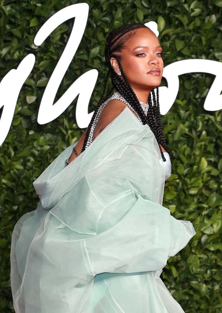 On December 2, 2019, Rihanna wore an elegant light blue gown with her Fulani braids and cornrows when she attended the Fashion Awards at the Royal Albert Hall in London, United Kingdom.