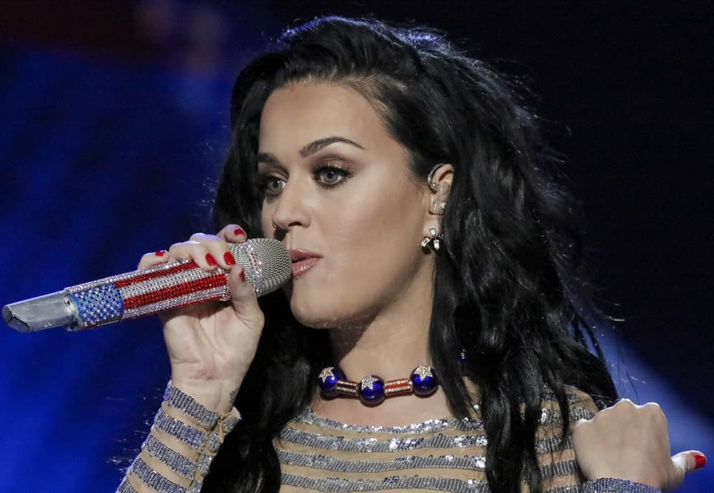 Singer Katy Perry rocked a wavy side-swept hairstyle as she performs at the Democratic National Nominating Convention in the Wells Fargo Arena on July 28, 2016.