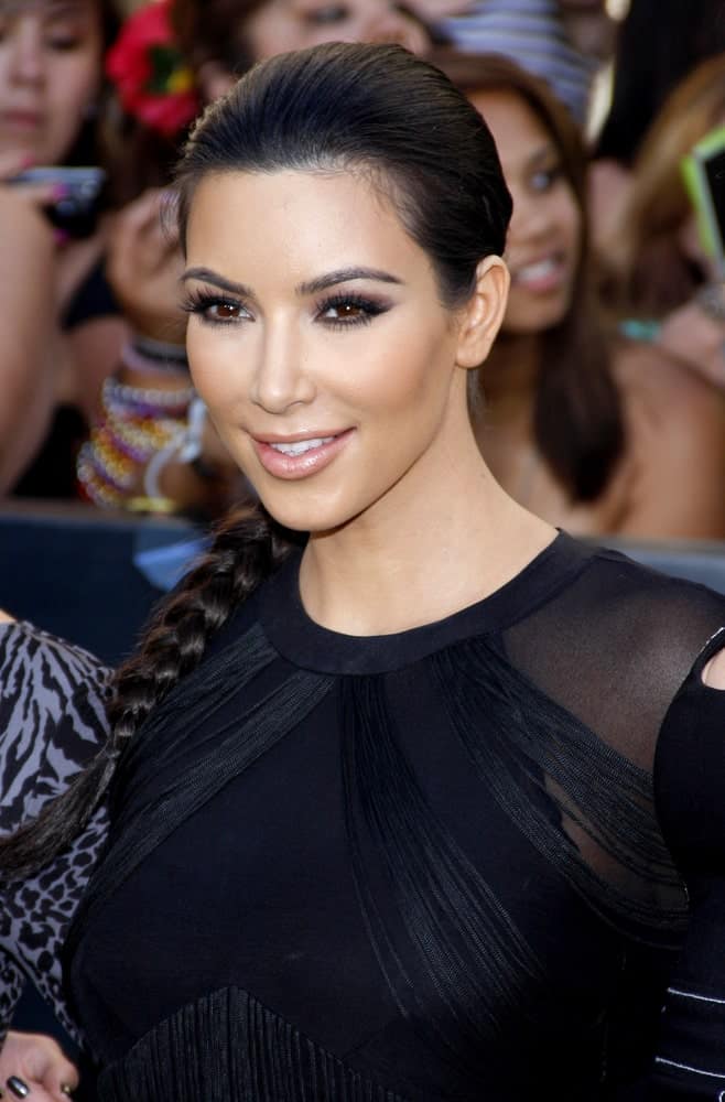 On June 24, 2010, Kim Kardashian was spotted at "The Twilight Saga: Eclipse" Los Angeles Premiere held at the Nokia Live Theater in Los Angeles with her long jet black locks arranged into a sleek braided ponytail.
