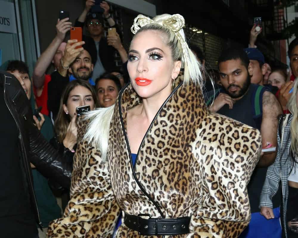 On May 27, 2018, Lady Gaga was seen out and about on a fine New York City night. She was wearing a fashionable animal print outfit with a black leather belt and a white blond hairstyle swept up for a ponytail incorporated with braids.