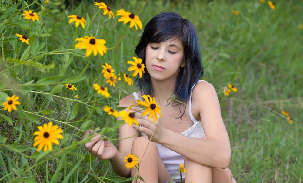 Example of woman with side-swept bangs.