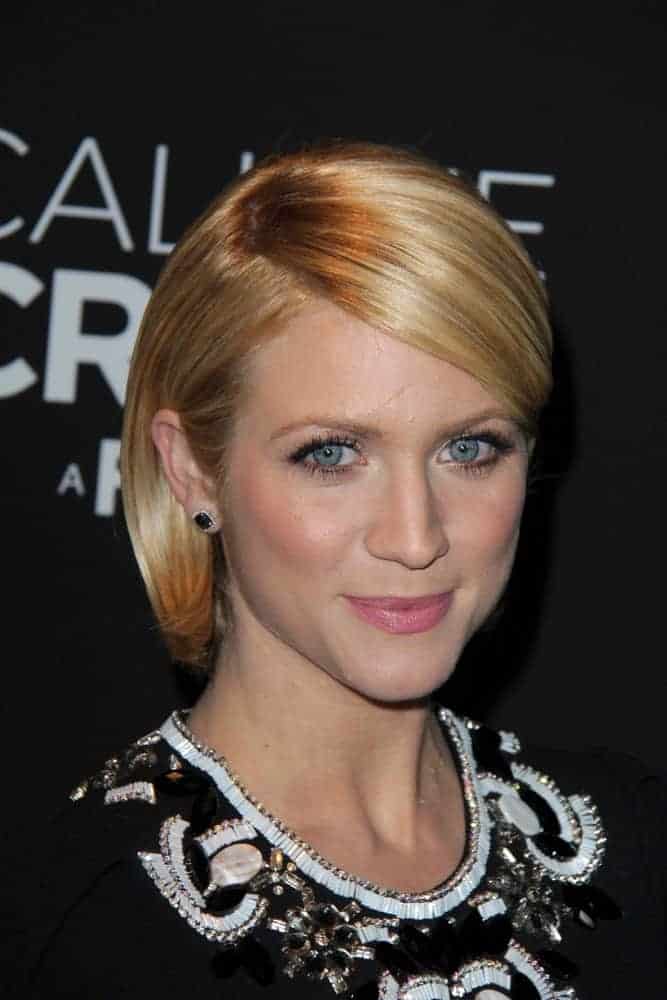 Brittany Snow was at the "Call Me Crazy: A Five Film" Premiere at the Pacific Design Center on April 16, 2013 in West Hollywood, CA. She wore a simple black floral dress with her chin-length sandy blonde straight hairstyle with long side-swept bangs.