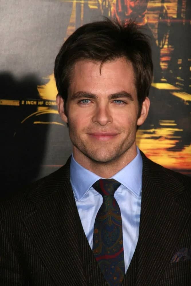 Chris Pine sported a shaggy and thick dark crew cut hairstyle that went well with his dark suit at the 2010 world premiere of 