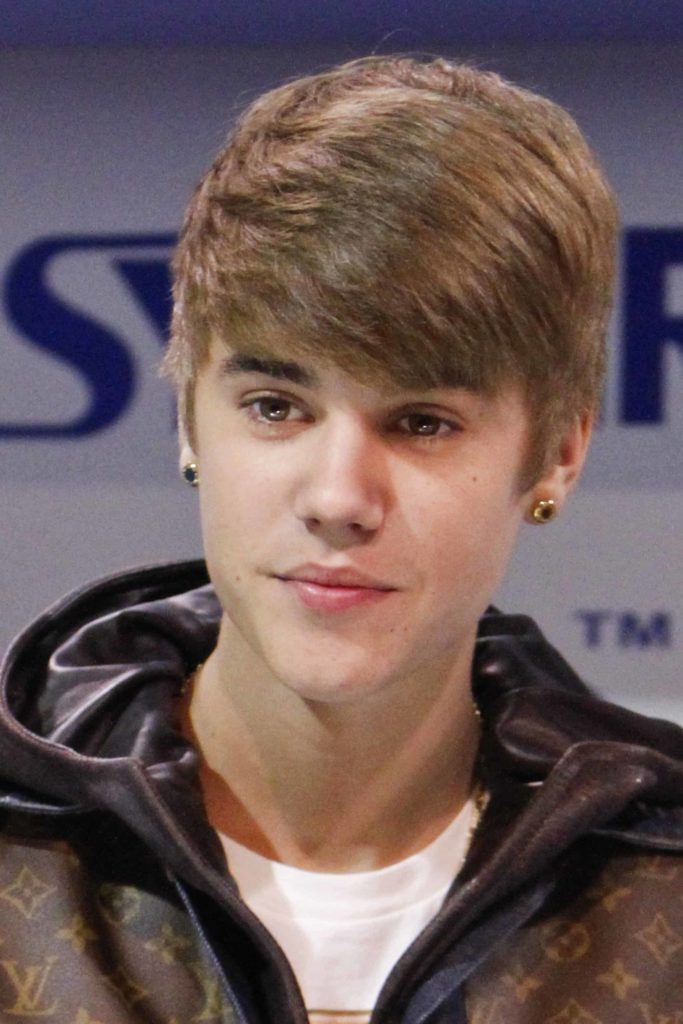 Justin Bieber rocking his side-swept brushed down look at the Consumer Electronics Show at The Las Vegas Convention Center in Las Vegas, NV on January 11, 2012.