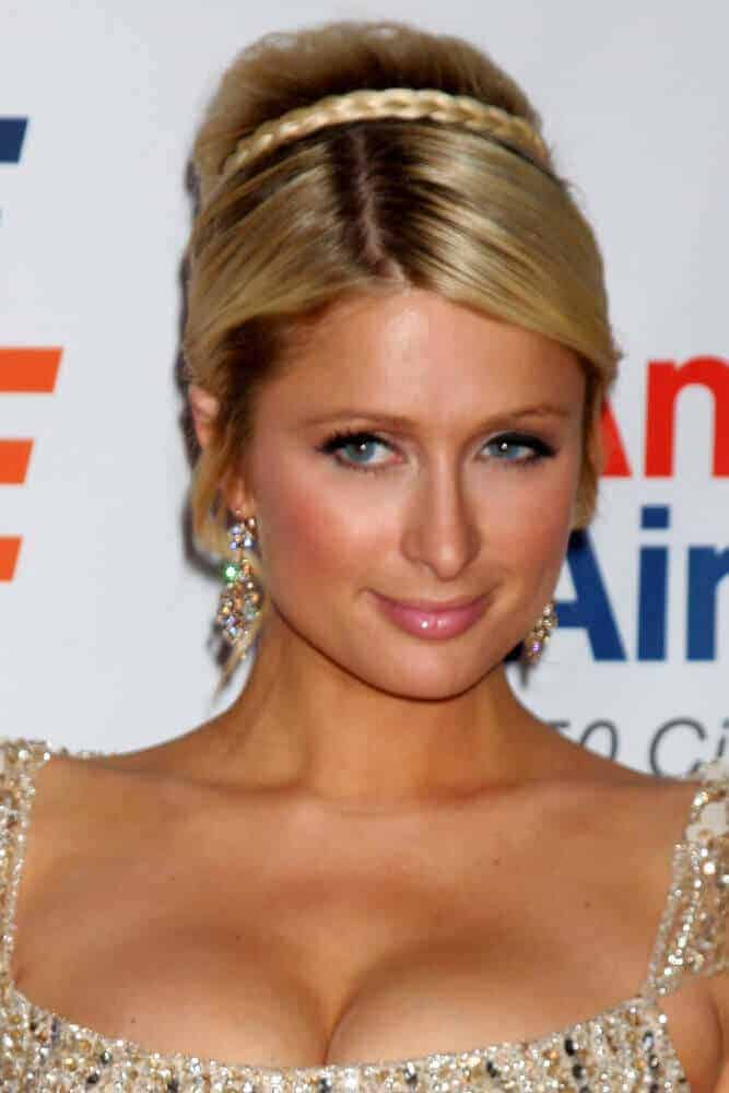 Paris Hilton sporting a formal upstyle secured with a braid during the 8th Race to Erase MS Event at Century Plaza Hotel on April 29, 2011.