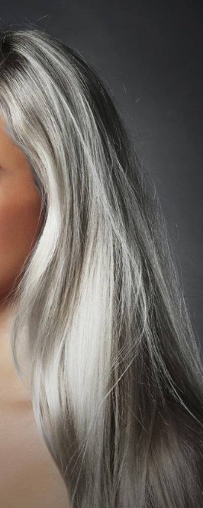 Woman with silver metallic hair coloring oct2