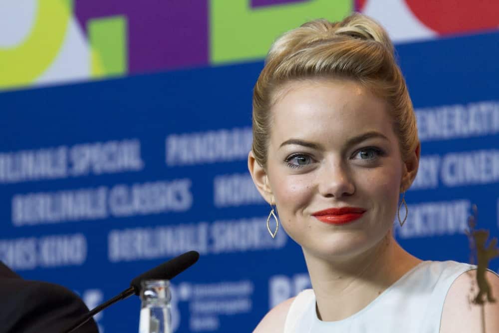 Emma Stone’s elegant blond upstyle emphasized her beautiful eyes at ‘The Croods’ press conference at the 63rd Berlinale International Film Festival on February 15, 2013 in Berlin, Germany.