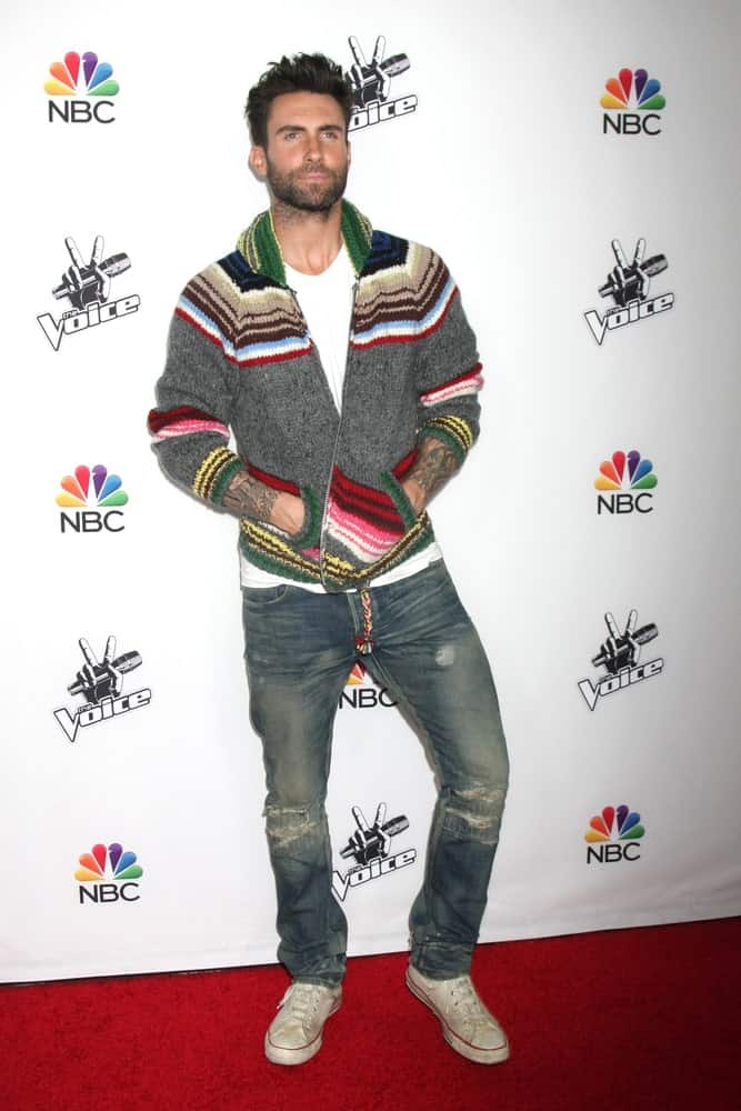 Adam Levine flaunted his sexy trimmed beard with a spiked hairstyle and a casual outfit at the NBC's "The Voice" Season 7 Red Carpet Event at the HYDE Sunset: Kitchen + Cocktails on December 8, 2014 in West Hollywood, CA.