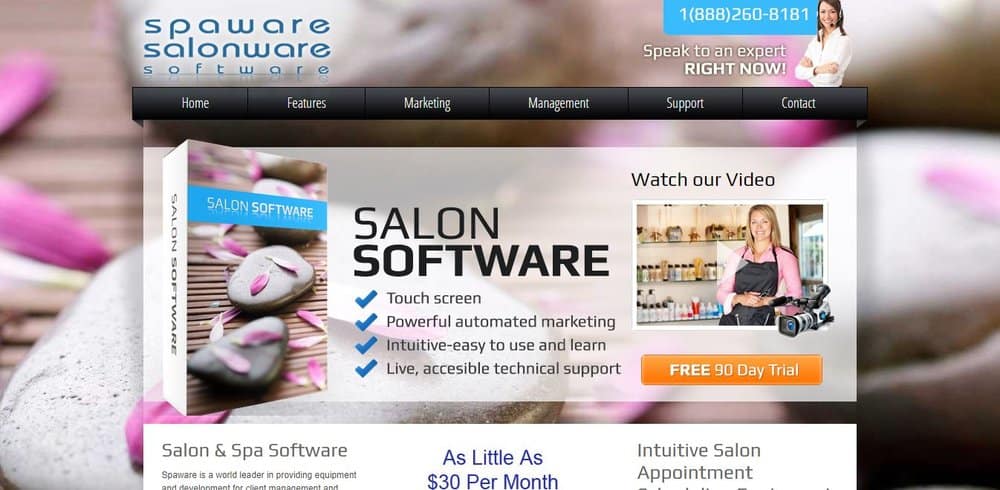 Screenshot of the site homepage for Salonware/Spaware scheduling software.