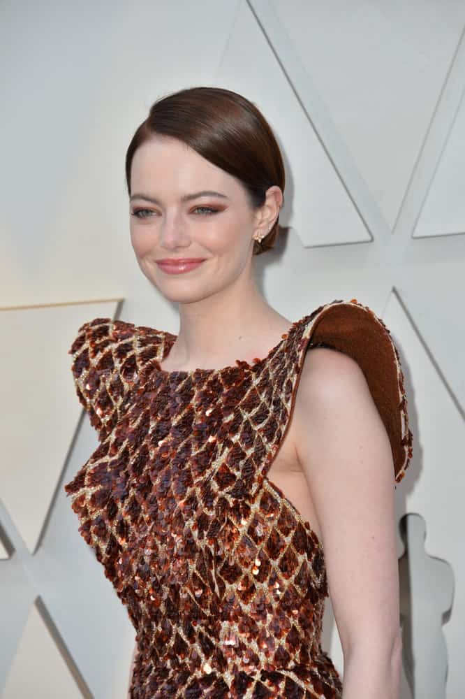 On February 24, 2019, Emma Stone wore a lovely detailed sequined dress that went quite well with her slick and neat low bun hairstyle at the 91st Academy Awards at the Dolby Theatre.