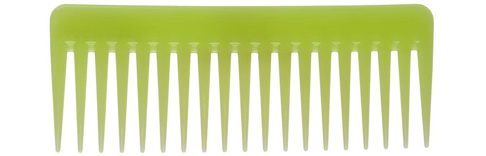 A look at a green plastic wide-toothed comb.